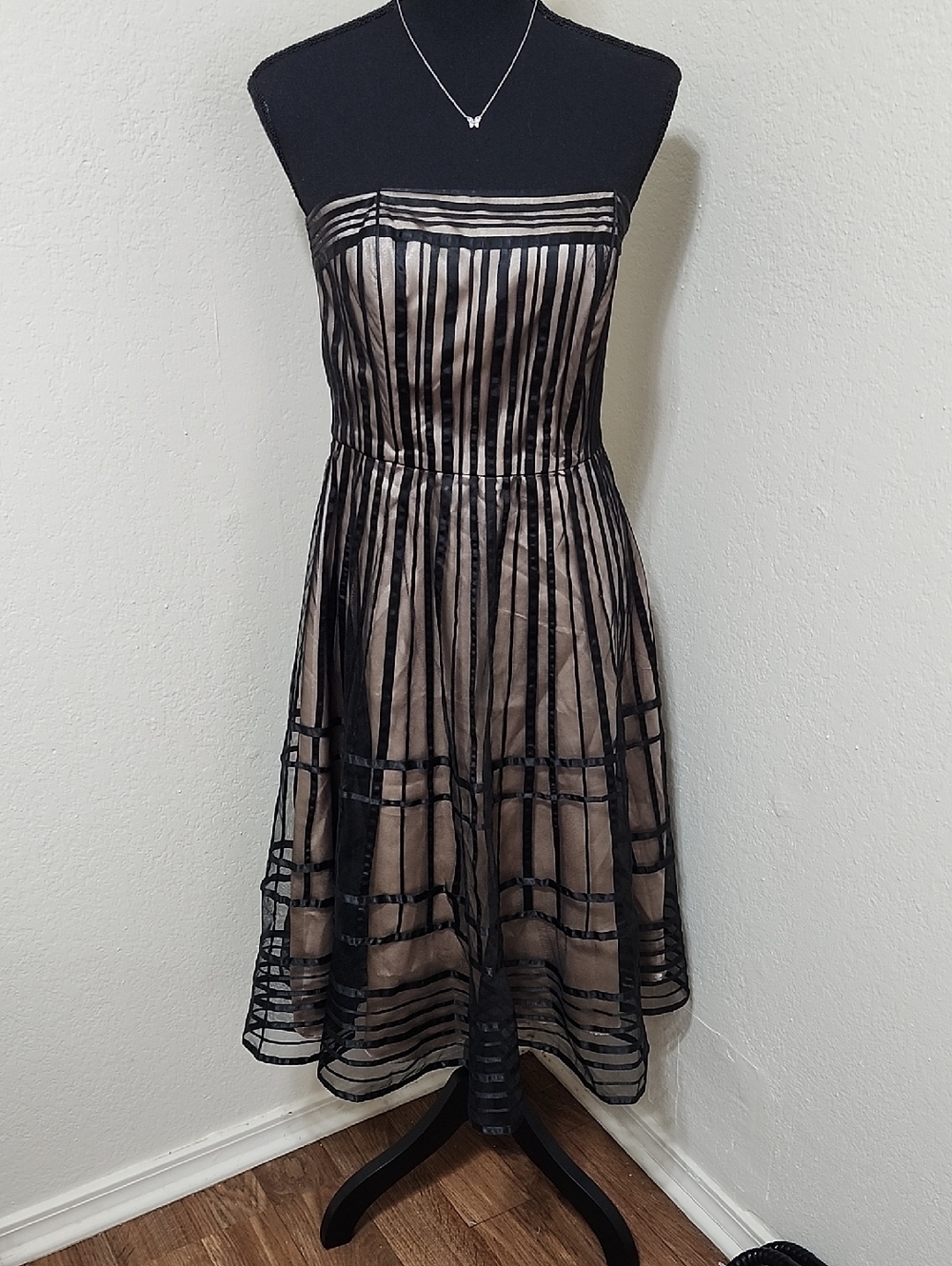 JS Collections Strapless Black and Nude Overlay Party Dress